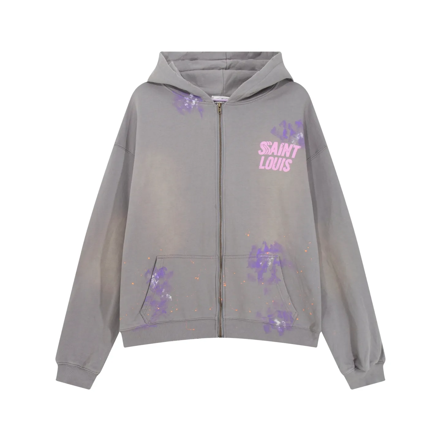Style No. S111 P320💰 (450g version) SSSAINT LOUIS splash-ink logo long-sleeved zipper hoodie sweatshirt is made of 450g dense cotton fabric, with a loose fit. Same style for men and women.   Size S-XL